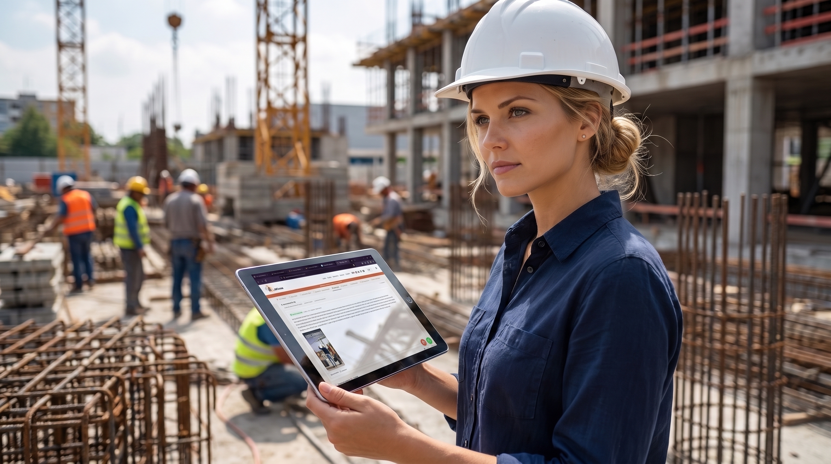 Ingeniera en obra registrando la bitácora de obra de CoPres en una tablet